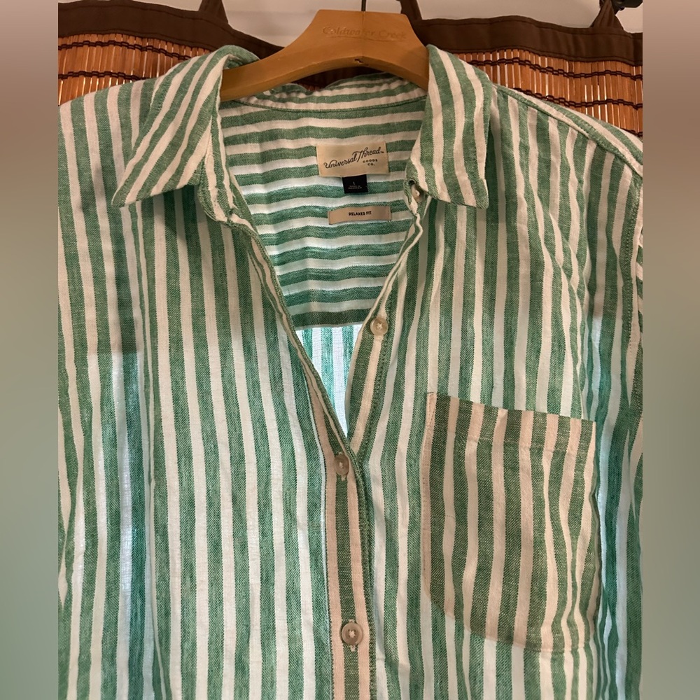 Green and White Striped Button-Up Shirt and Shorts Set - Picture 11 of 16